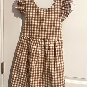Brown Checkered Kids Dress Sz 10/12 (China 150) Knee Length. Pinafore style.